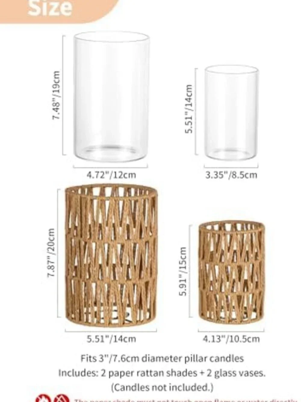 Set of 2 Boho Rattan Lanterns - Stylish Pillar Candle Holders with Glass
